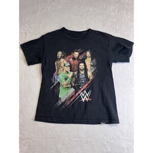 WWE Shirt Boys SZ 8 Black Crew Pro Wrestling Cena Kofi Reigns AJ Miz Youth Kid